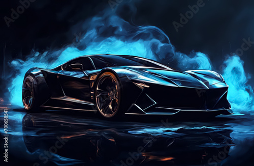 The drift of a sports car. Dark background with blue smoke. AI