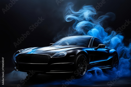 The drift of a sports car. Dark background with blue smoke. AI