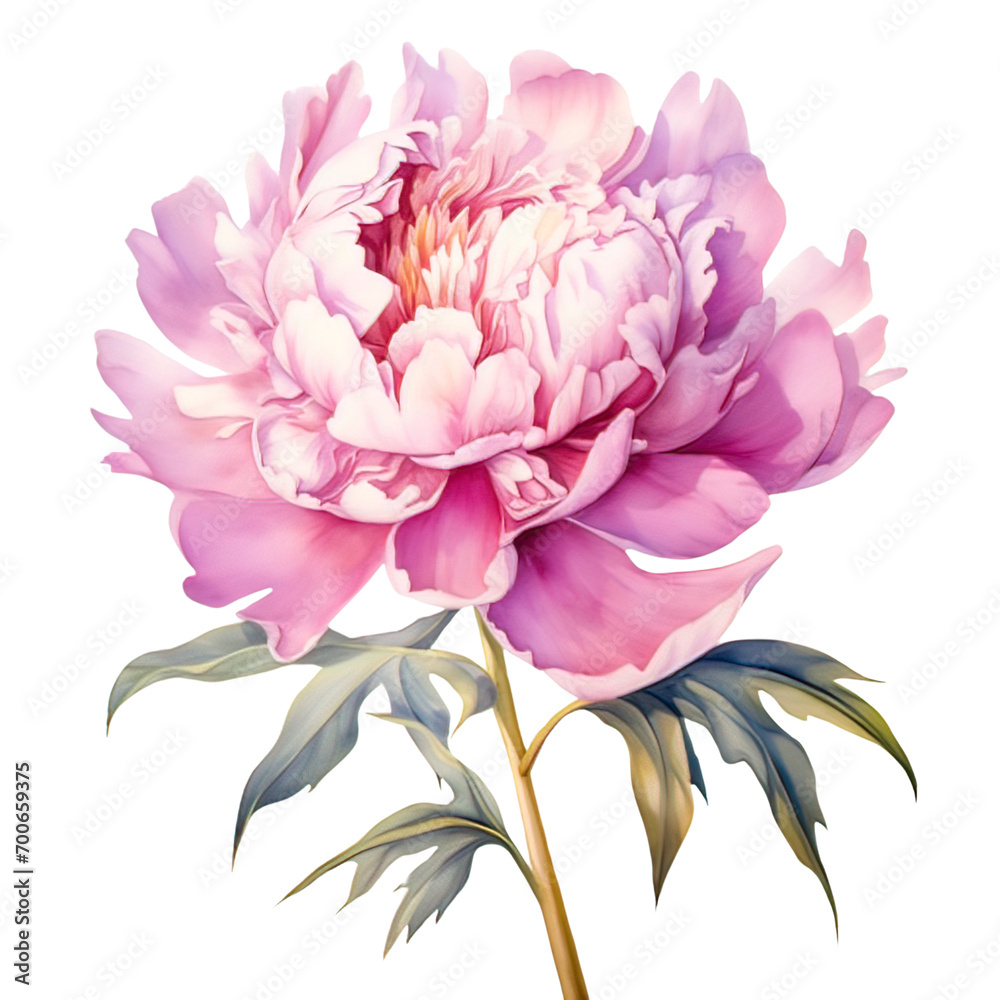 Flower illustration, pink peony on a white background. watercolor style  on a transparent background 