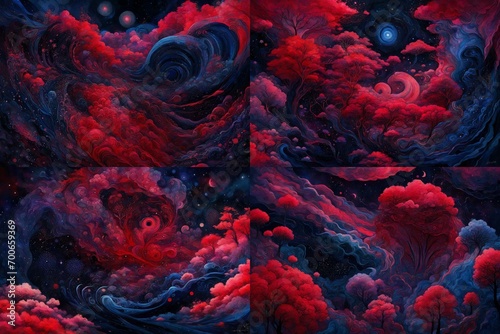 Vivid crimson and midnight indigo painting a cosmic canvas of wonders. © Eun Woo Ai