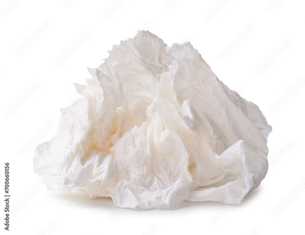 Single screwed or crumpled tissue paper or napkin in strange shape after use in toilet or restroom isolated on white background with clipping path