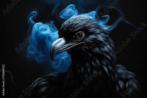 A black raven in blue smoke. AI