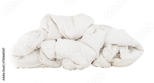 White crumpled blanket or bedclothes in hotel room leaved untidy and dirty after guest's use over night isolated on white background with clipping path