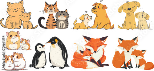 Set of vector illustration of mother and babies of their domestic and wild animals