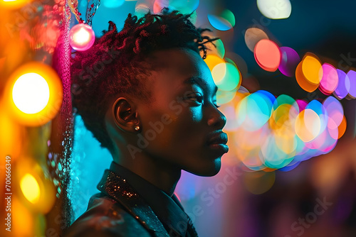 A black or African American AI queer, gay, or non-binary person with a rainbow background at the high school prom, photo