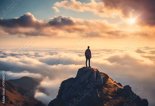 Wide angle, Young man standing on a mountain peak high above the rolling clouds, warm evening light, Backpack Travel concept