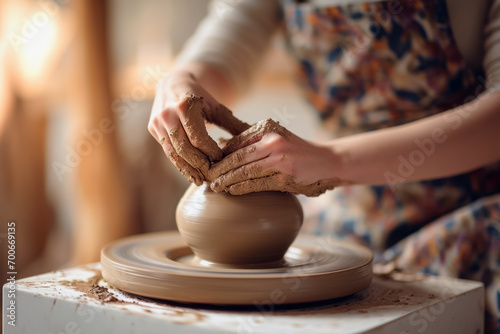 close up hands of a young woman potter modeling ceramic pot from clay on a potter wheel at a modern house. Lifestyle concept of workshop and culture. photo
