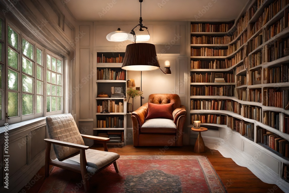 A cozy reading nook with a comfortable chair, a lamp, and shelves filled with books.