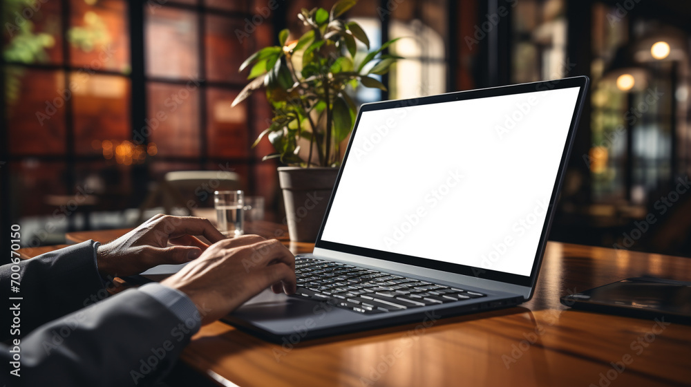 A blank screen laptop mockup on a wooden table in a modern office environment. A blank screen laptop mockup on a wooden table in a modern office environment.