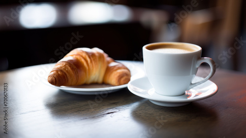 Coffee and croissant on table, shallow focus