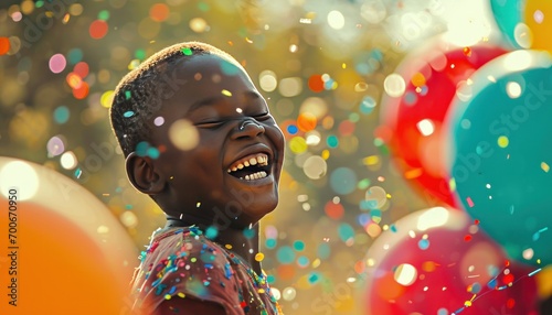 kid laughing with balloons and colorful confetti