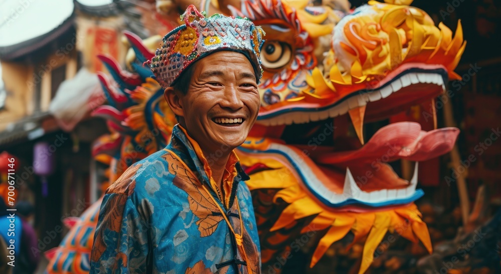 man smiling with a huge dragon decoration