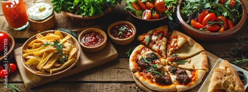 grill burger, pizza, salad, lettuce on wooden table