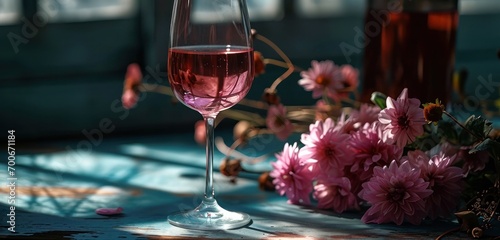 glass of pink wine is displayed next to a set of flowers