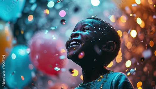kid laughing with balloons and colorful confetti