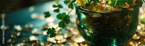 golden clovers and gold coins in a vase