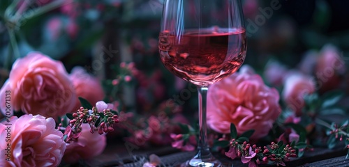 glass of pink wine is displayed next to a set of flowers