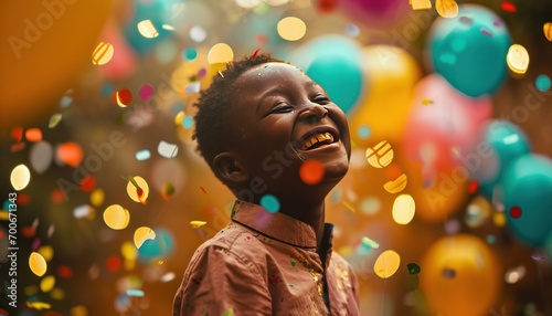 kid laughing with balloons and colorful confetti