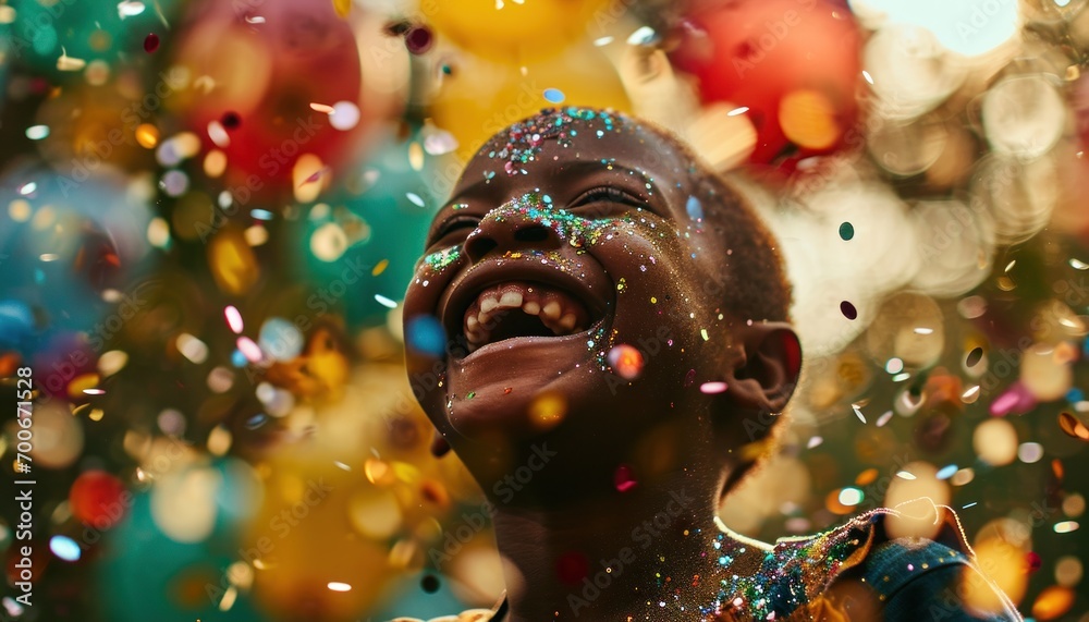 kid laughing with balloons and colorful confetti