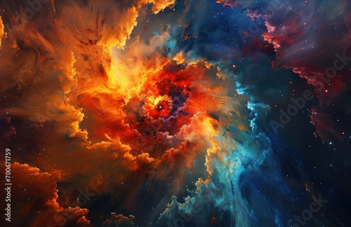 orange and blue nebula with a red star and red star