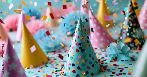multiple colorful party hats and confetti