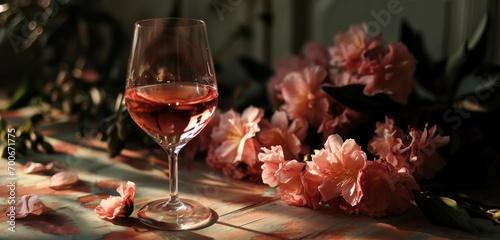 glass of pink wine is displayed next to a set of flowers
