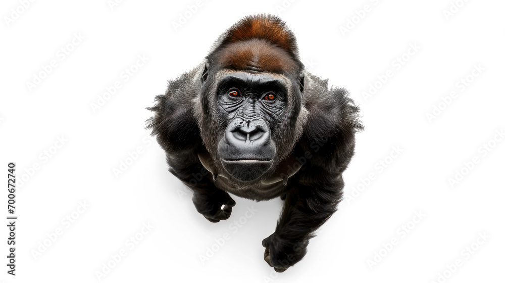 a gorilla on white background is looking up. Generative AI a gorilla on white background is looking up. Generative AI