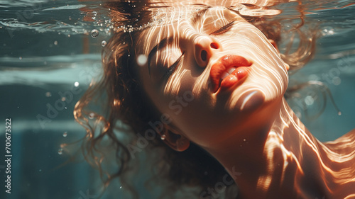 A picture of a beautiful woman with her eyes closed under water, grooming. cosmetics photo, beauty industry advertising photo. photo