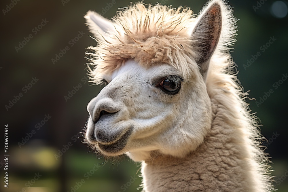 Portrait of an alpaca with a sad expression on his face