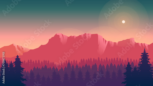 Colorful mountain background, mountain landscape in dusk, flat design mountain style