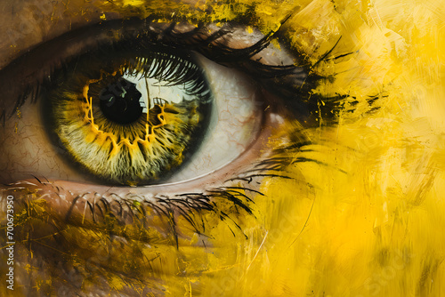 A Mesmerizing Eye Captured Against a Radiant Yellow Background, Reflecting Depth and Intensity photo