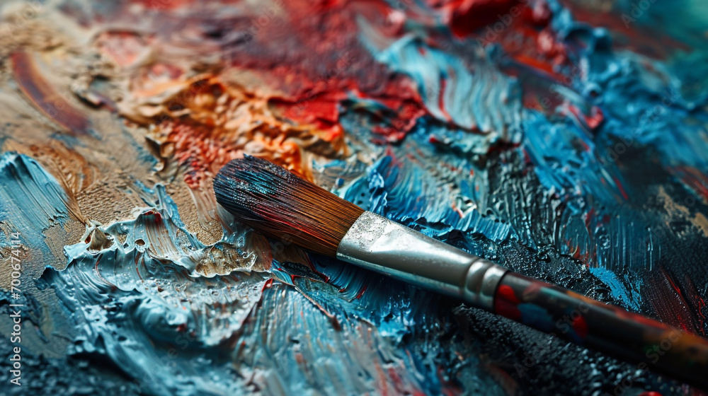 Fototapeta premium Minimalistic a few paint brush and paint background concept with empty space. The canvas is filled with paintings