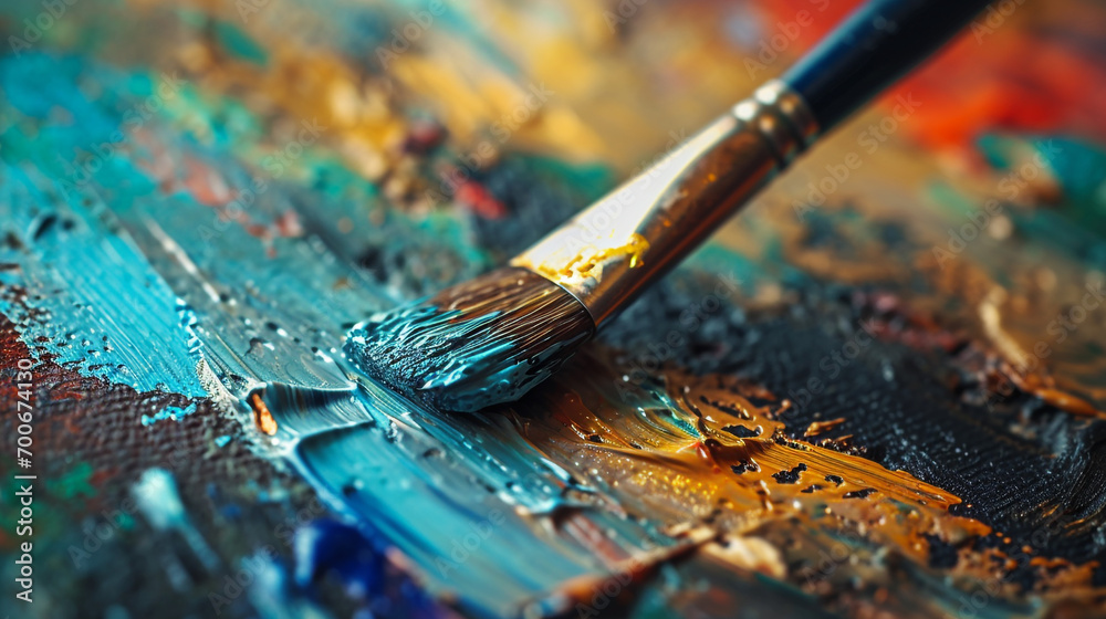 Fototapeta premium Minimalistic a few paint brush and paint background concept with empty space. The canvas is filled with paintings