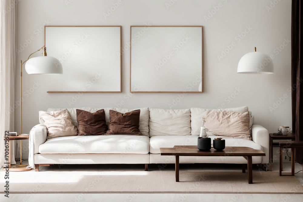 a white living room with a lamp and two sofas, in the style of minimalistic modern, minimalistic japanese, blank large canvas Scandinavian style interior background design Modern interior design a white living room with a lamp and two sofas, in the style of minimalistic modern, minimalistic japanese, blank large canvas Scandinavian style interior background design Modern interior design