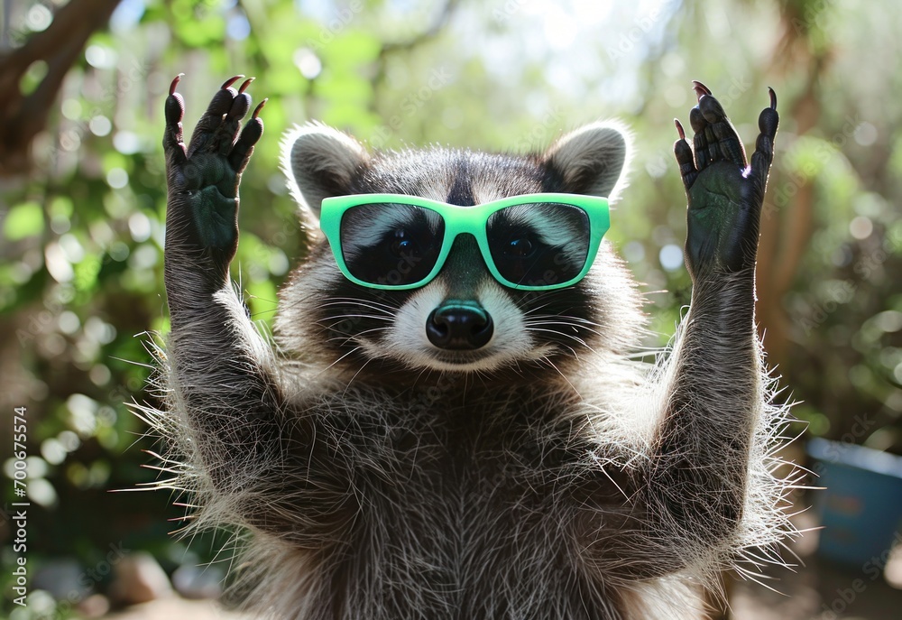raccoon wearing green sunglasses raising his arms