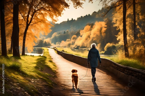 A person happily walking a dog along a scenic, peaceful riverside path.