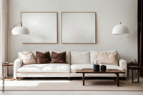 a white living room with a lamp and two sofas, in the style of minimalistic modern, minimalistic japanese, blank large canvas Scandinavian style interior background design Modern interior design