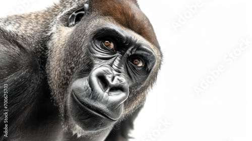 a gorilla on white background is looking up. Generative AI