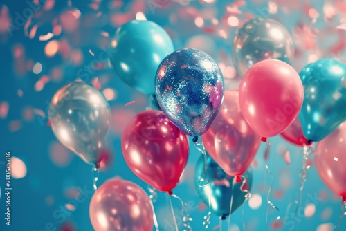 pink, blue and silver helium balloons falling behind a blue background photo