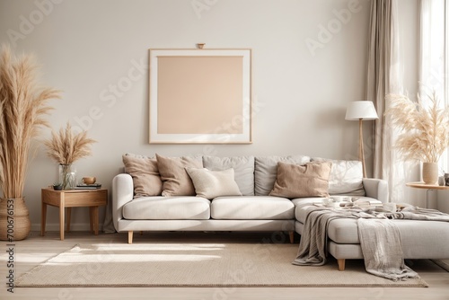 A mockup of a blank horizontal poster frame in a modern living room with a background of pampas grass and a beige sofa, inspired by Scandinavian design.