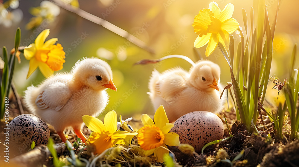 sweet chicks with easter eggs and daffodils