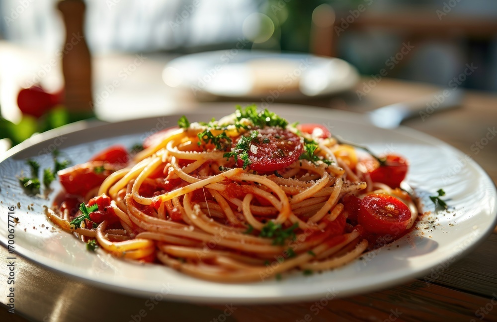 spaghetti on white plate with tomato spaghetti on white plate with tomato