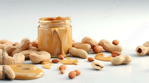 Jar of peanut butter and nuts on a light background, 3d render