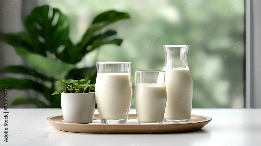 A glass of tasty milk and plant on the table in the room, closeup