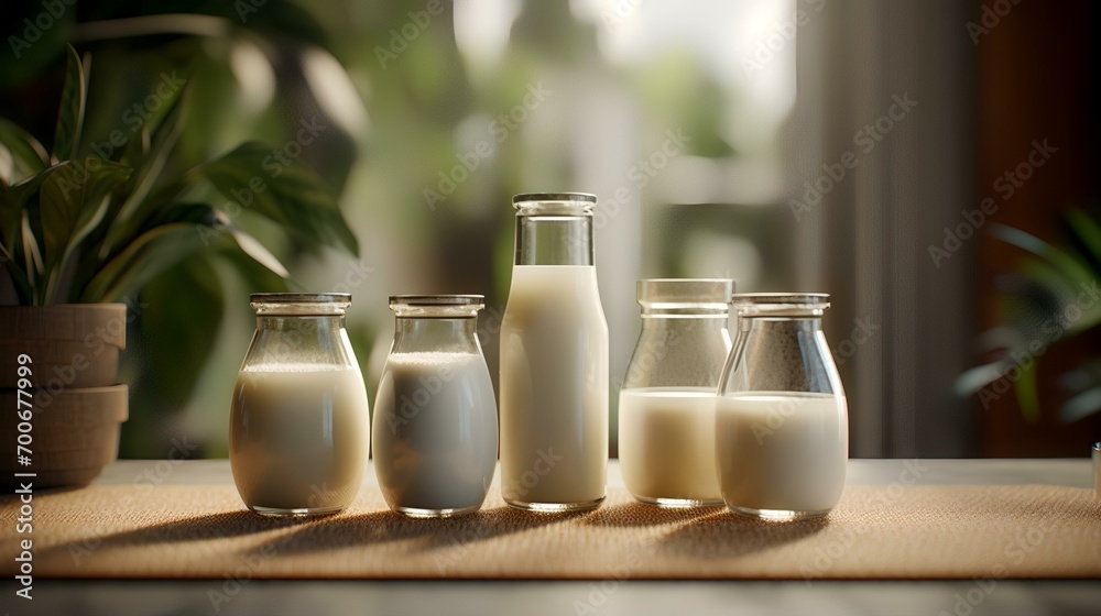 Bottles of milk on the table at home. Healthy lifestyle concept. Bottles of milk on the table at home. Healthy lifestyle concept.