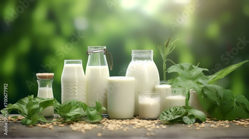 Milk products on a wooden table with green leaves in the background