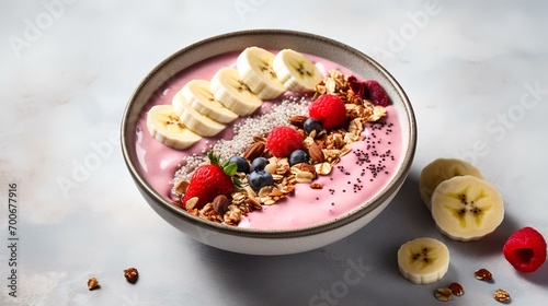 Healthy breakfast bowl with yogurt, granola, banana, and berries