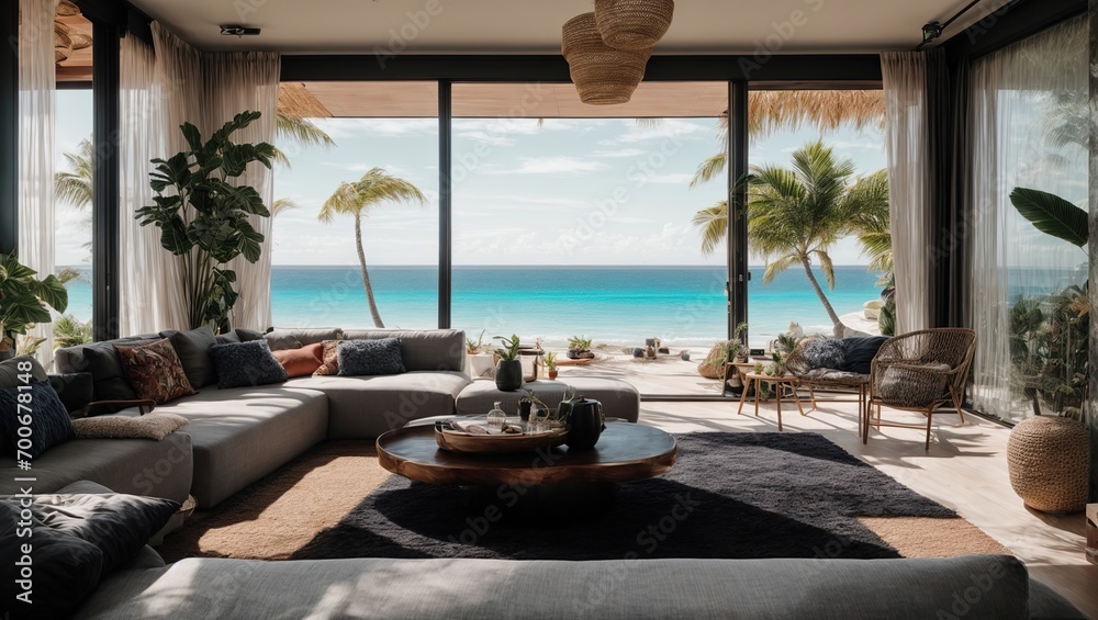 A stunning black living room floor with a breathtaking view of the ocean and sandy beach combine modern style and natural beauty in this lovely property. Summer loose and tropical in style
