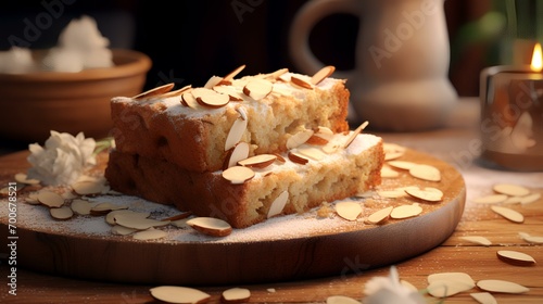 Tasty cake with almonds on a wooden table, closeup. Delicious dessert