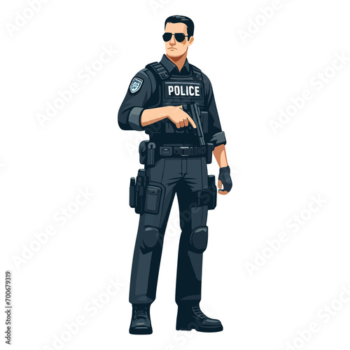 Policeman holding a handgun flat design vector illustration.
